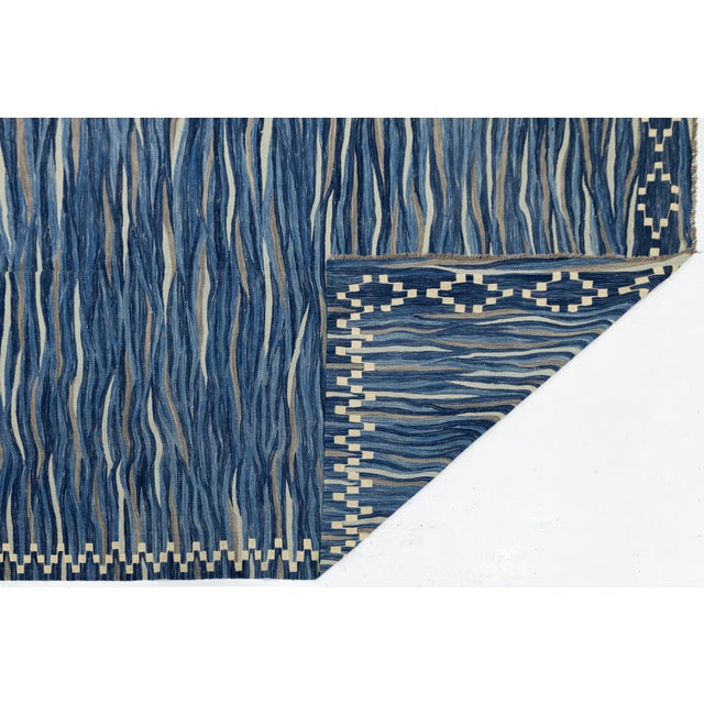 Contemporary Contemporary Handmade Oceanic Blue Wave Kilim Wool Area Rug Luxury Flat-Weave For Sale - Image 3 of 12