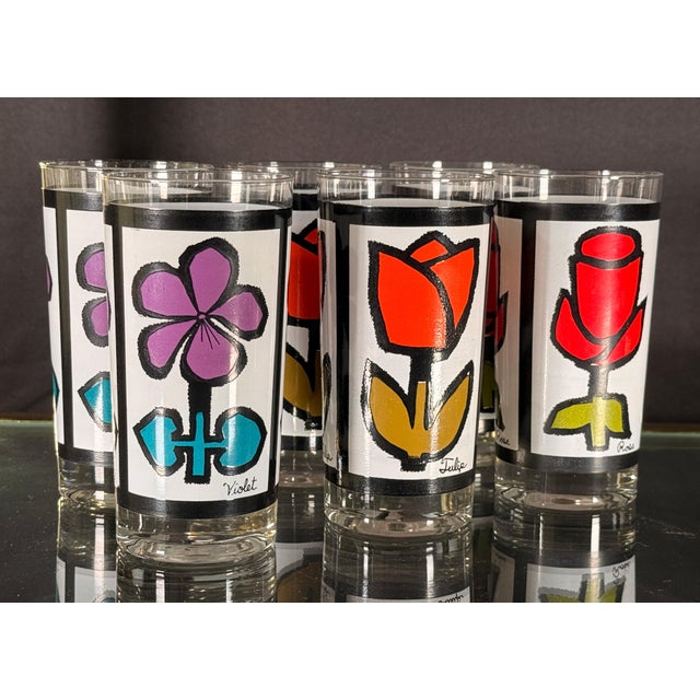 Anchor Hocking Vintage Mid Century Modern Pop Art Floral Highball Glasses, c.1960s - Set of 6 For Sale - Image 4 of 6