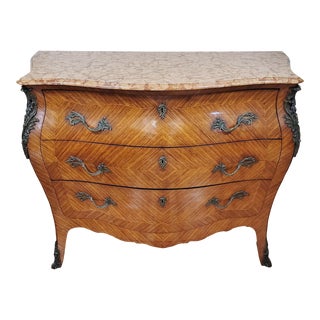Antique French Louis XV Style Inlaid & Marble Top Dresser Commode For Sale