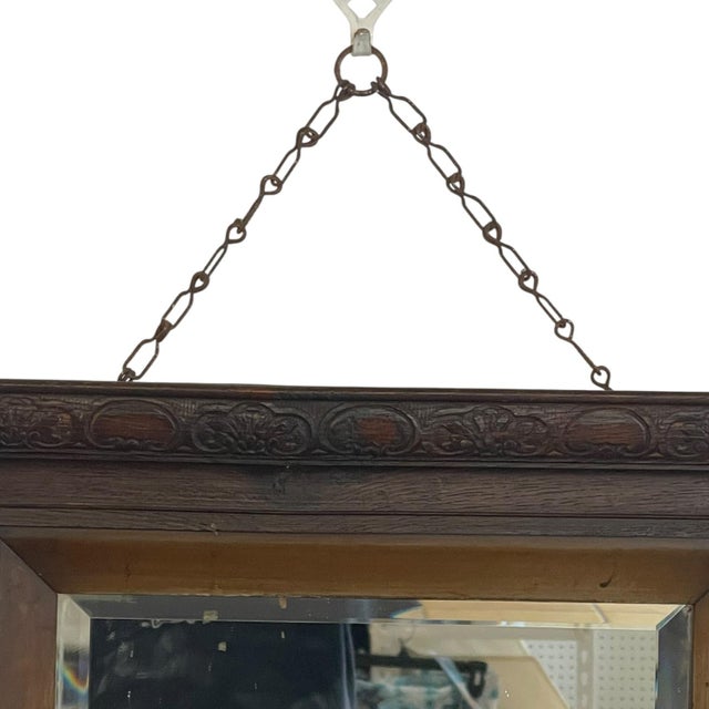 Brown Victorian 1890s Uk Import Carved Oak Wall Mirror With Beveled Glass and Hanging Chain. For Sale - Image 8 of 10