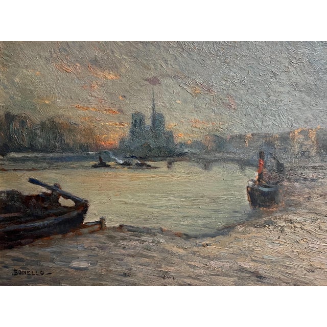 French Antique Parisian Oil Painting of Notre-Dame on the Seine, C. 1914 — Signed Bonello, Gilt Frame For Sale - Image 3 of 7