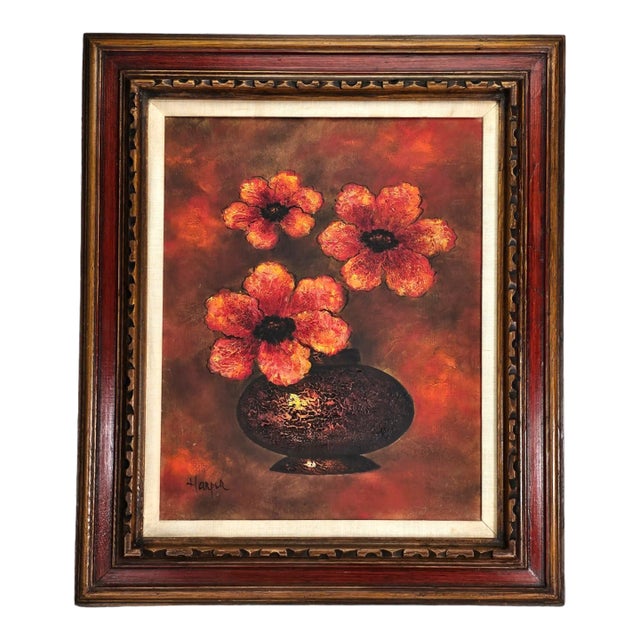 Vintage Red Flower Oil on Board Painting Wood Frame Signed "Harper" For Sale