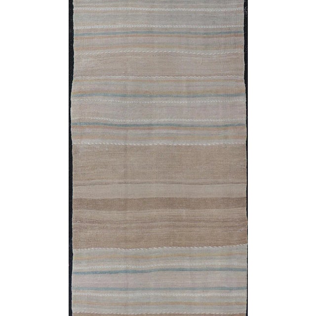 Mid 20th Century Mid 20th Century Vintage Turkish Kilim Rug With Horizontal Stipes in Light Brown Blue Taupe Multicolor For Sale - Image 5 of 10