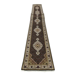 Tabriz Mahi Runner 2’8” X 20’2” Black Wool Traditional Hand-Knotted Rug For Sale