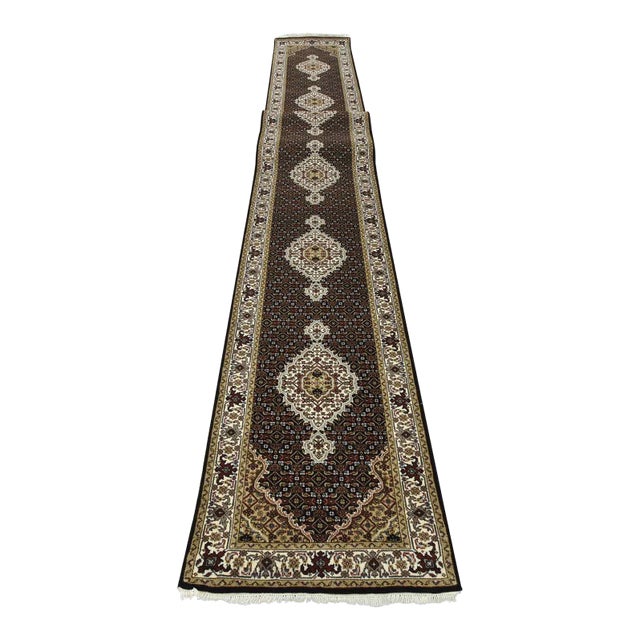 Tabriz Mahi Runner 2’8” X 20’2” Black Wool Traditional Hand-Knotted Rug For Sale