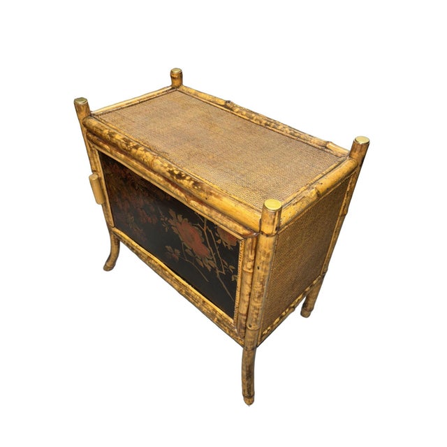 Yellow Late 19th Century Victorian Chinoiserie Tiger Bamboo Nightstand With Hand-Painted Lacquer Front For Sale - Image 8 of 12