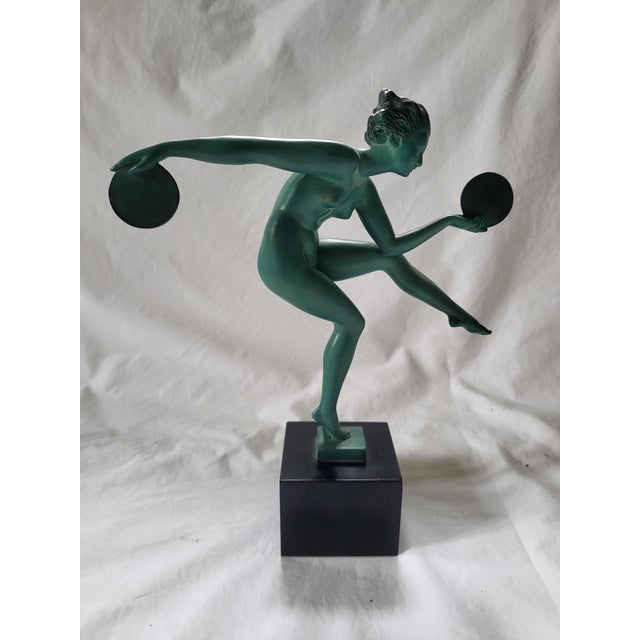Metal Marcel Bouraine (Derenne), French Art Deco Nude Disc Dancer Pagan Dance Figurine, 1920s, Metal and Marble For Sale - Image 7 of 7