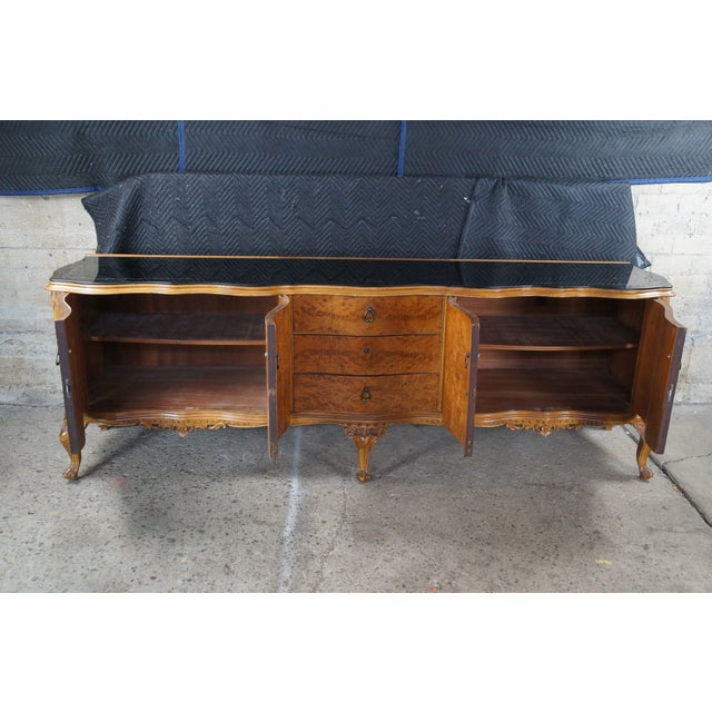 Wood 1920s Monumental Italian Baroque Venetian Walnut Burl Glass Top Sideboard Buffet 102" For Sale - Image 7 of 17