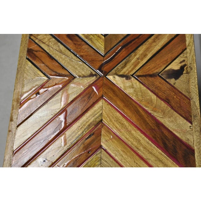 Modern Slatted Wood 48" Geometric Inlay Rustic Farmhouse Coffee Table Bench For Sale - Image 9 of 11