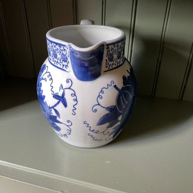 Traditional Vintage Blue & White Ceramic Pitcher For Sale - Image 3 of 7