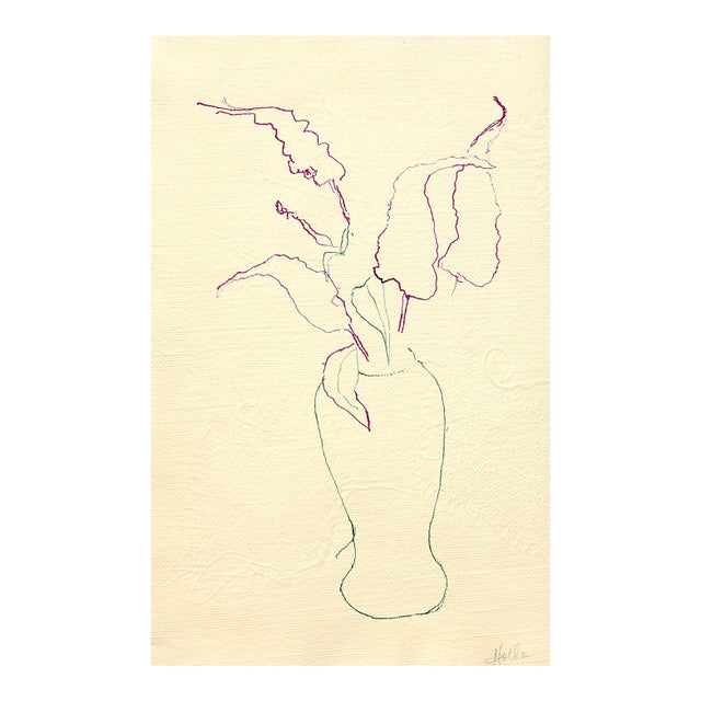 "Vase of Butterfly Flowers" Contemporary Ink Painting on Handmade Paper by Martha Holden. For Sale