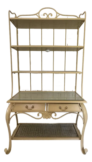Vintage 1970s Wrought Iron Bakers Rack With Woven Rattan Shelves