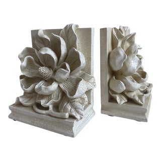 Magnolia Floral White Bookends - A Pair For Sale