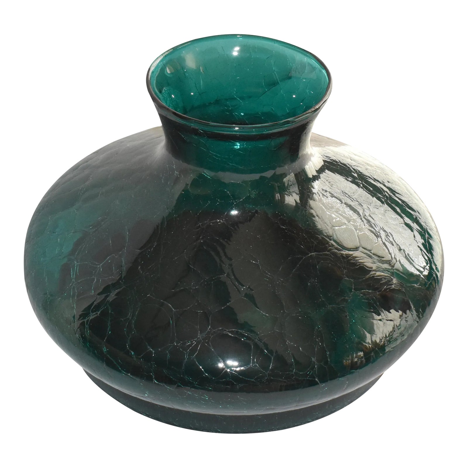 Mid Century Modern Crackle Glass Console Bowl Spruce Green Centerpiece