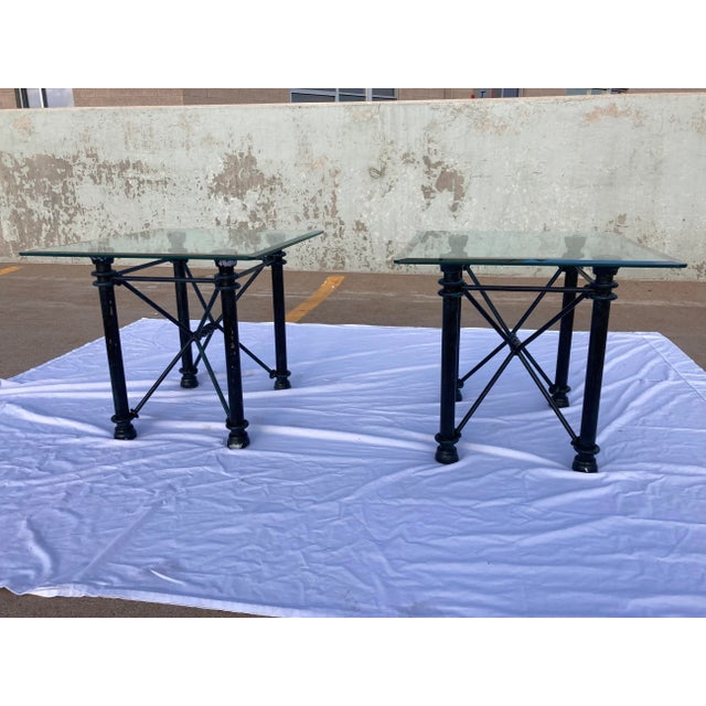 Vintage pair of Giacometti style twisted wrought iron faux verdigris patinated painted base beveled glass top side tables.