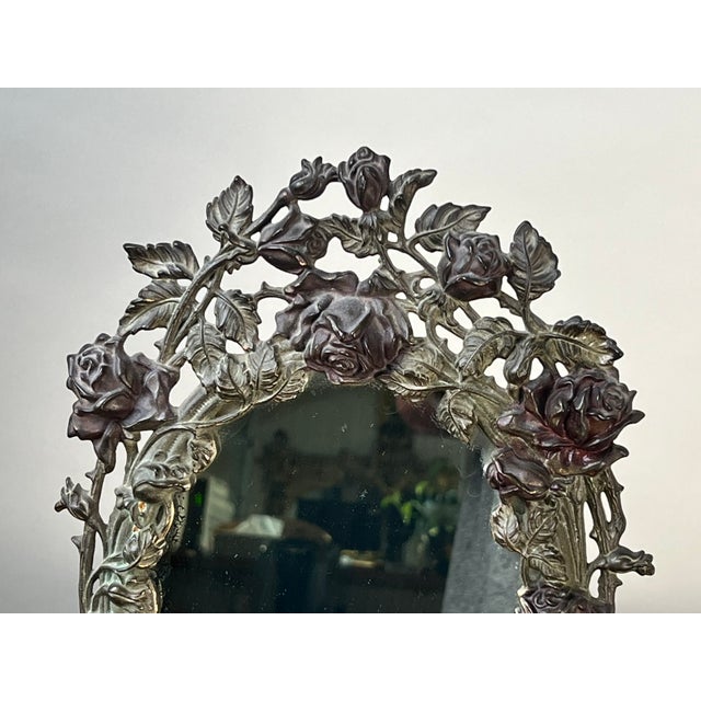 Antique Art Nouveau Silvered Cast Brass Rose Vanity Dressing Mirror, Dated 1909 For Sale - Image 4 of 10
