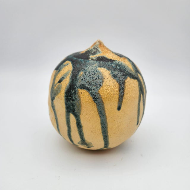 Mid 20th Century Mid 20th Century Handcrafted Organic Ceramic Weed Pot with Teal and Iron Drip Glaze For Sale - Image 5 of 12
