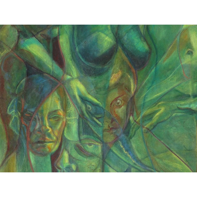 Vintage Modernist Abstract FIgurative Green Acrylic Painting, Framed For Sale - Image 9 of 11