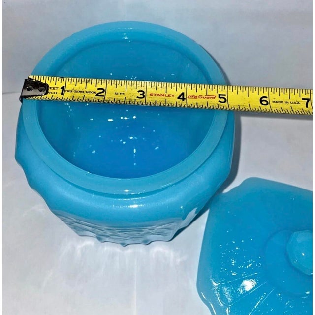 Vintage Jeannette Glass Mayfair ‘Open Rose’ depression glass cookie jar in rare baby blue opaque glass. Features the...