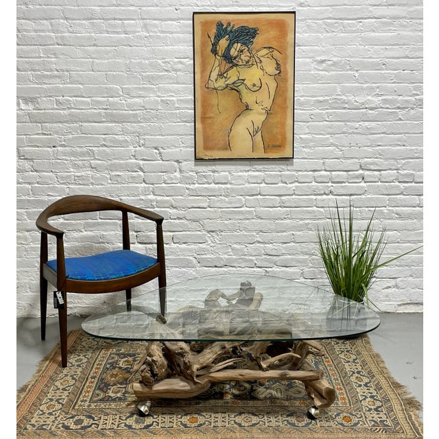 Mid Century Modern Driftwood + Glass Coffee Table | Organic Modern Cocktail Table Castors For Sale - Image 4 of 14