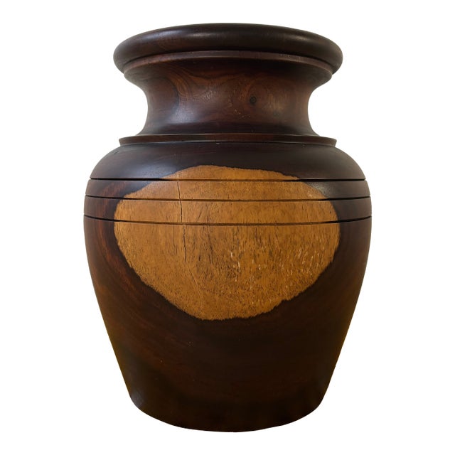 Vintage Mid Century Turned Walnut Vase, Studio Wood Art, Arts and Crafts Decor For Sale
