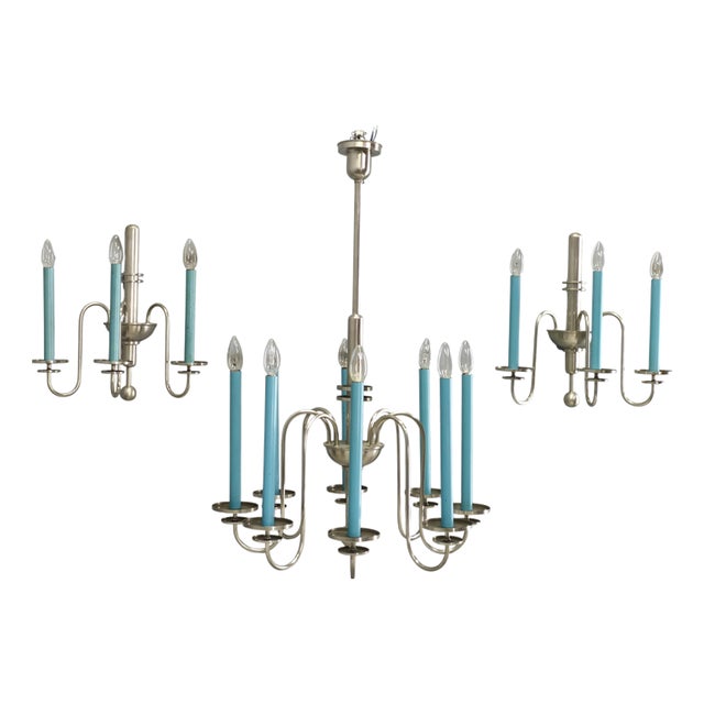 Art Deco Chandelier with Matching Sconces, Czechoslovakia, 1930s, Set of 3 For Sale