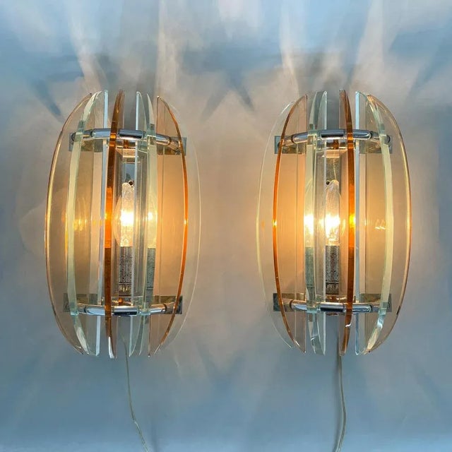 Italian Murano Glass & Chrome Sconces by Veca, 1970s, Set of 2 For Sale - Image 3 of 12