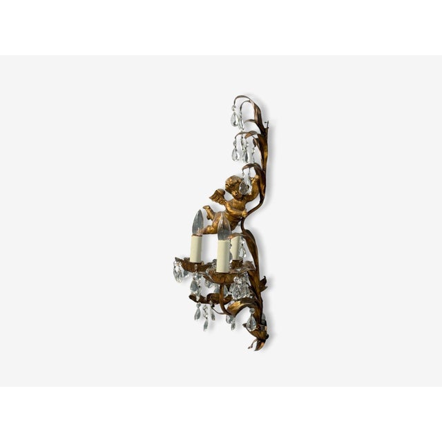 1950sFrench Marie Therese Style, Cherub Wall Sconces, Gilt-Brass, Crystal - a Pair For Sale - Image 12 of 12