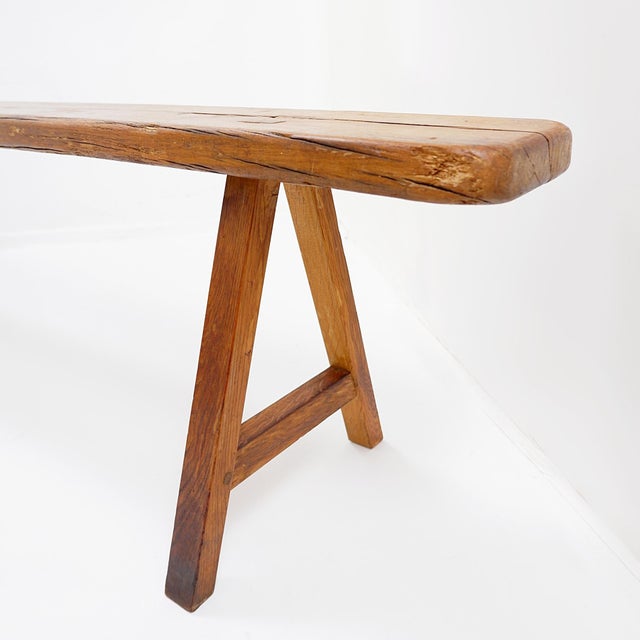 Rustic Wood Farmhouse Bench with Trestle Legs, 1960s For Sale - Image 4 of 18