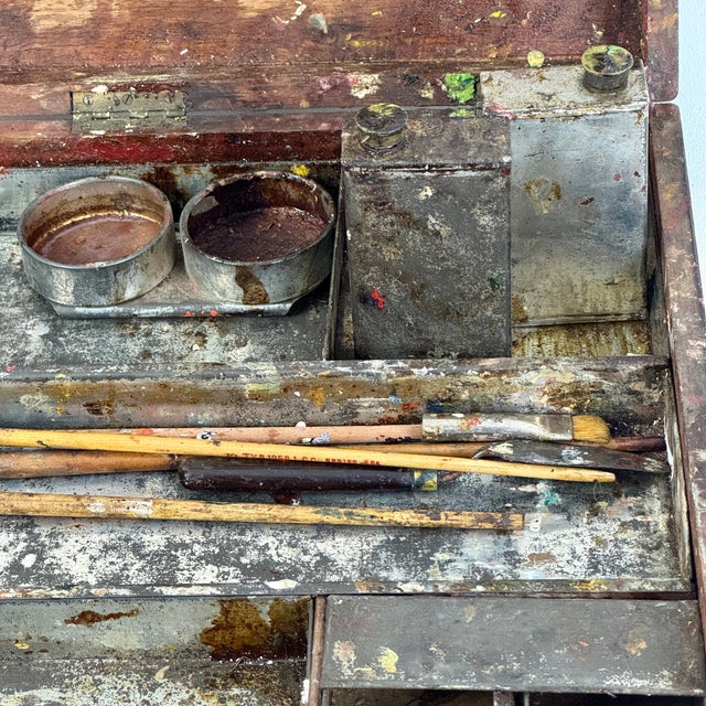 Wood Vintage Wood Artist Portable Painting Box With Used Palette and Remnant Paint For Sale - Image 7 of 14