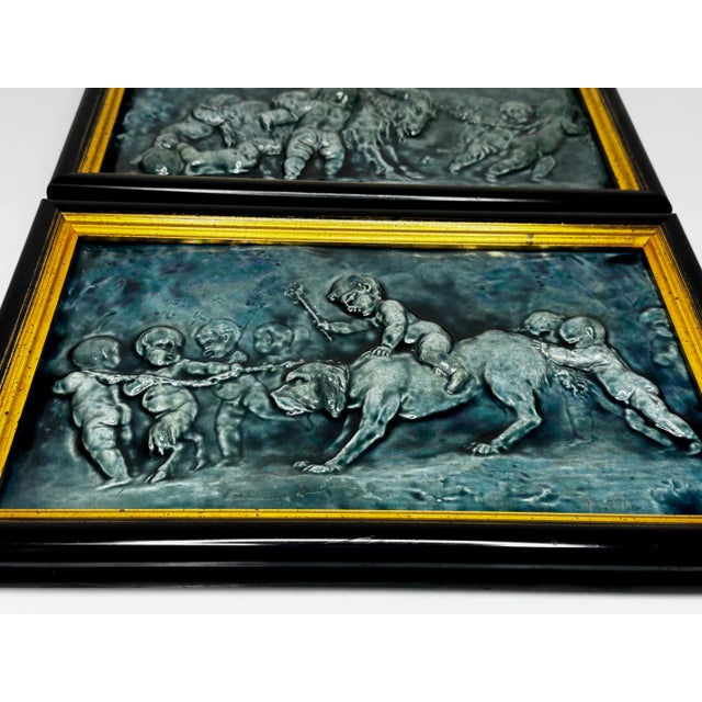 Pair Arts & Crafts Ceramic Relief Plaques Children With Goat & Children With Satyr & Dog c.1909 Attributed to Reginald Robert Tomlinson For Sale - Image 10 of 18