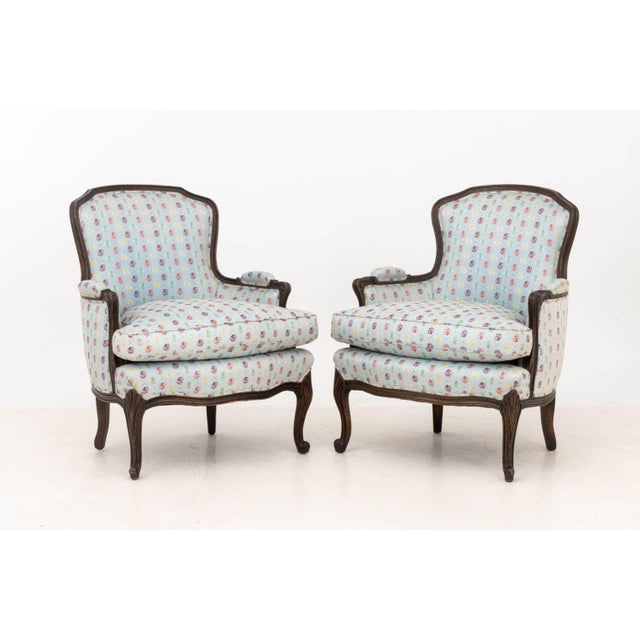 French Provincial Louis XV Style Blue Upholstered Bergeres, Pair For Sale - Image 3 of 12
