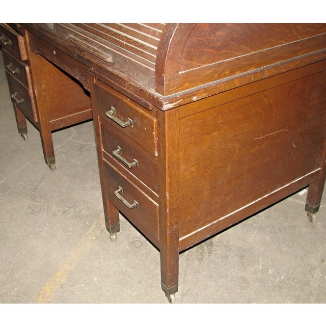 Antique Roll Top Quarter Sawn Oak Wooden Desk For Sale - Image 13 of 15