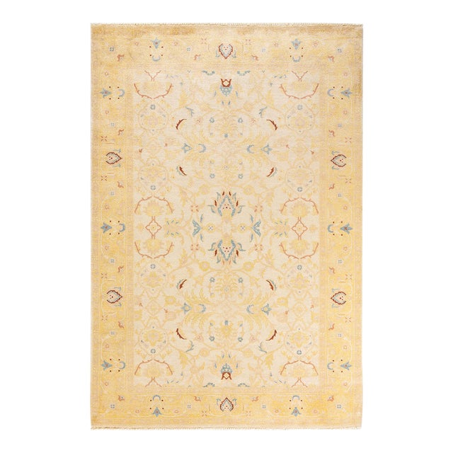 Eclectic, One-of-a-Kind Hand-Knotted Area Rug in Ivory, 6' 3" x 9' 2" For Sale