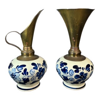 Vintage Delfy’s Blue & White Porcelain Metal Vase/Pitcher - Set of 2 For Sale