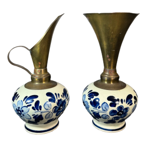 Vintage Delfy’s Blue & White Porcelain Metal Vase/Pitcher - Set of 2