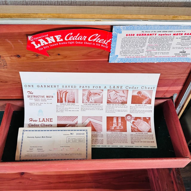 1955 Lane Blonde Veneer Cedar Footed Chest With Key & Certificate For Sale - Image 12 of 12
