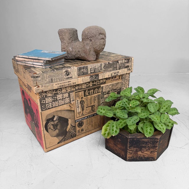 Red Japanese Tea Chest Covered with Newspaper, 1960s For Sale - Image 8 of 14