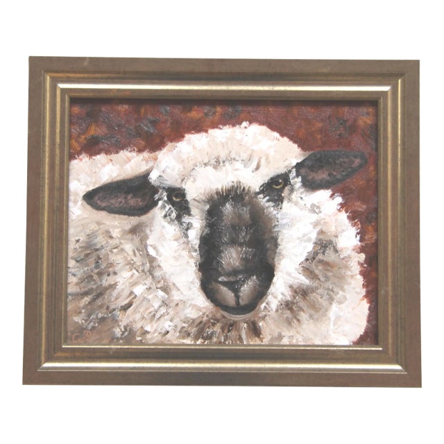 Black Face Sheep Portrait English Traditional Impressionist White, Beige, Burnt Orange Original Oil Painting by Cleo Plowden For Sale