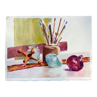 1970’s Original Still Life Watercolor Painting Brushes Jacks & Onions For Sale