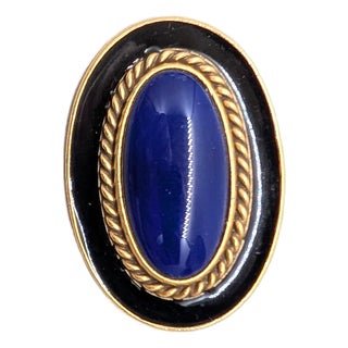 Vintage 1980s Signed Ysl Oval Goldtone Cabochon Faux-Lapis & Black Enamel Brooch For Sale