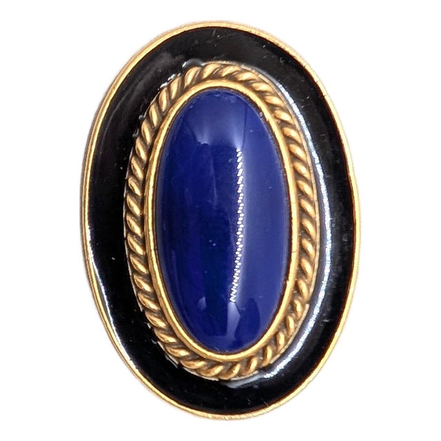 Vintage 1980s Signed Ysl Oval Goldtone Cabochon Faux-Lapis & Black Enamel Brooch For Sale