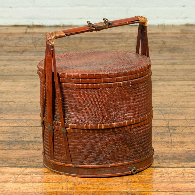 Antique Chinese Rattan and Bamboo Nested Lunch Basket with Carved Handle Chairish