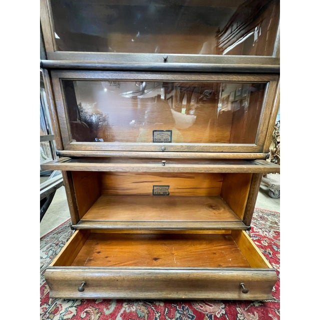 Globe Wernicke Antique 4 Stack Oak Barrister Bookcase With Drawer by the Globe Wernicke Co. For Sale - Image 4 of 4