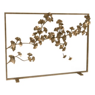 Aged Gold Ginkgo Fireplace Screen Iron For Sale