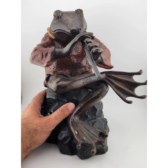 Rare Heavy Large Bronze Sculpture " Frog With Legs Crossed Playing Flute" 10 LBS For Sale - Image 9 of 11