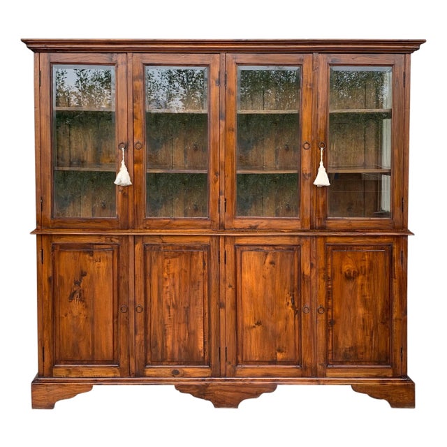 19th Century Large Cupboard or Bookcase with Glass Vitrine, Pine, Spain Restored For Sale