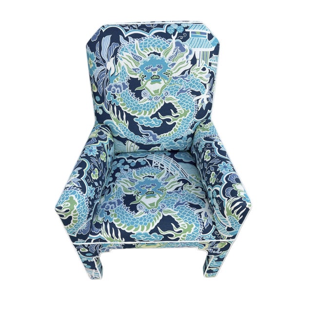 1980s Pair MCM CasaBique Ming Armchairs in Thibaut “Imperial Dragon” For Sale - Image 9 of 18