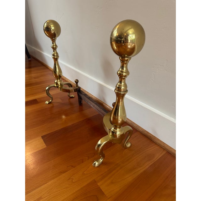 Howes-Marked Brass Fireplace Tool Set and Stand With Cannonball Andirons, Made in Usa For Sale - Image 9 of 13