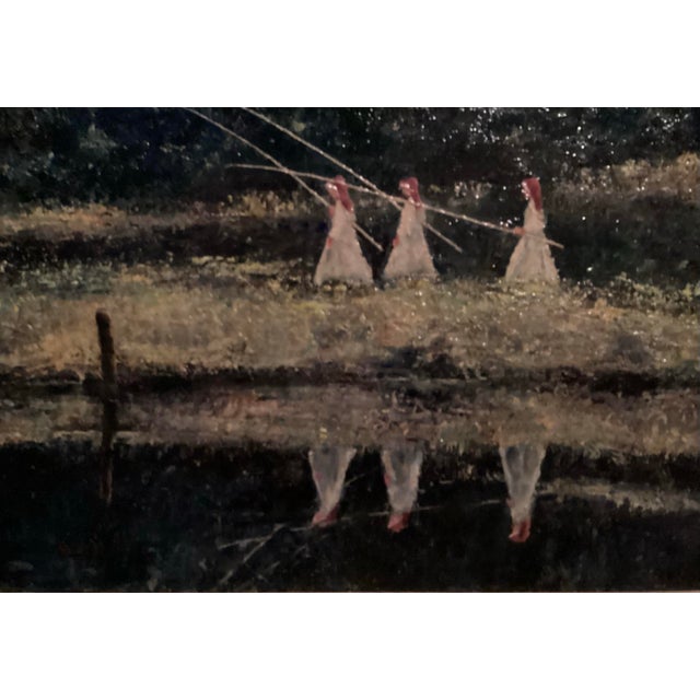 Original Oil Painting, Landscape With 3 Sisters Fishing, Signed by Artist “G.Wodzik” in Red. For Sale In Phoenix - Image 6 of 9